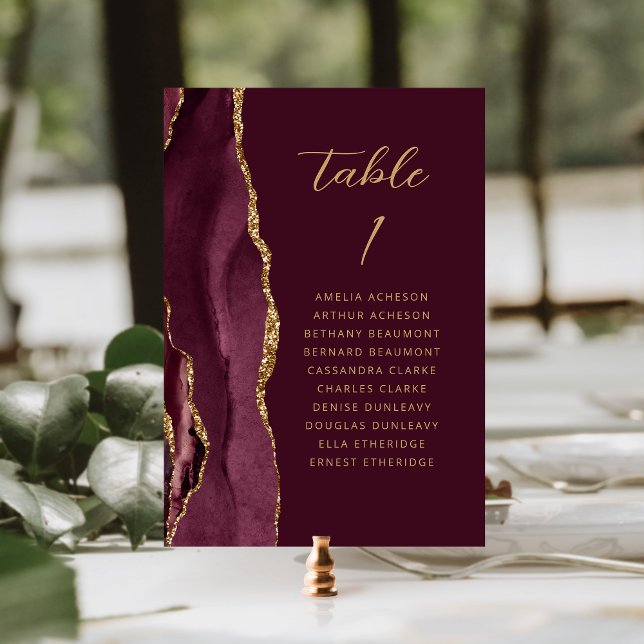 Agate Burgundy Gold Modern Script Wedding Tischnummer (Von Creator hochgeladen)
