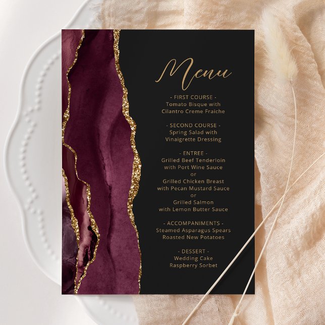 Agate Burgundy Gold Script Dark Wedding Menükarte (Von Creator hochgeladen)