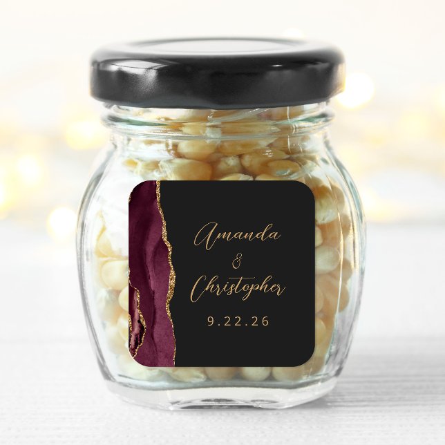 Agate Burgundy Gold Script Dark Wedding Quadratischer Aufkleber (Von Creator hochgeladen)