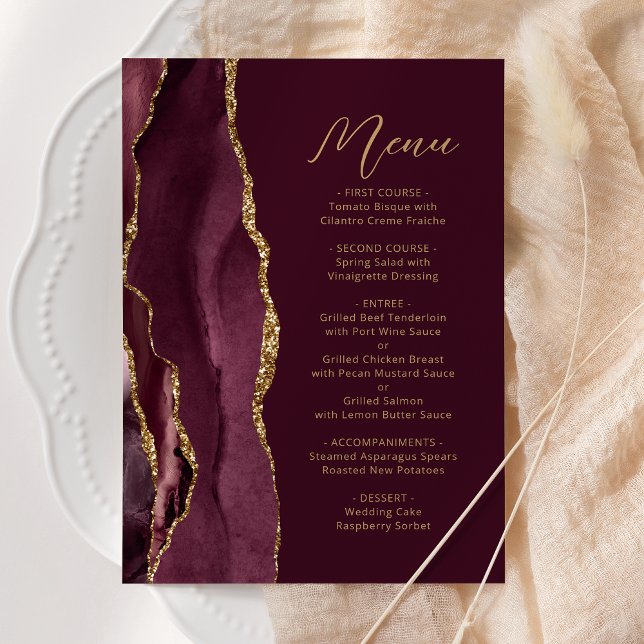 Agate Burgundy Gold Script Wedding Menükarte (Von Creator hochgeladen)