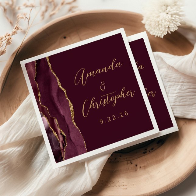 Agate Burgundy Gold Script Wedding Serviette (Von Creator hochgeladen)
