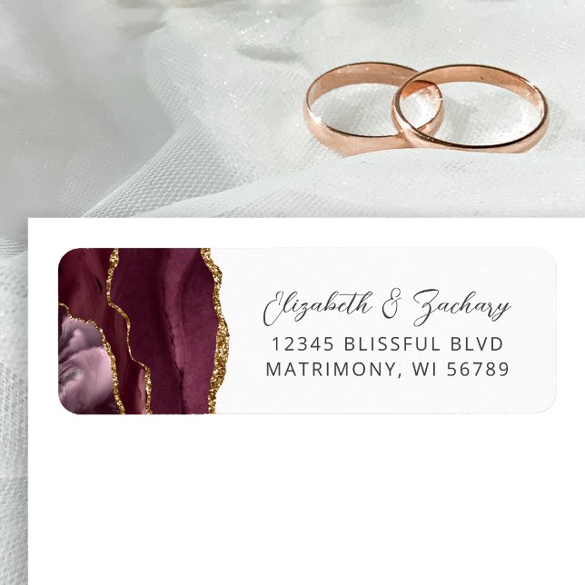 Agate Burgundy Gold Wedding Rücksendeadresse (Von Creator hochgeladen)