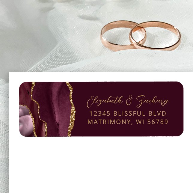 Agate Burgundy Gold Wedding Rücksendeadresse (Von Creator hochgeladen)
