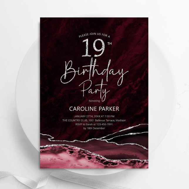 Agate Burgundy Silver 19. Geburtstag Einladung (Von Creator hochgeladen)