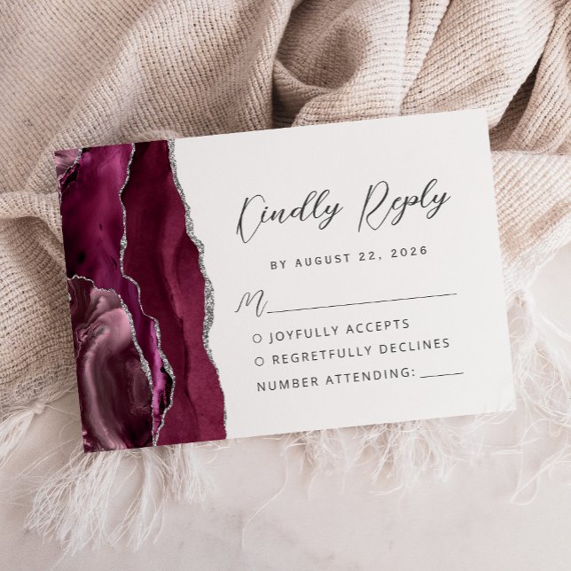 Agate Burgundy Silver Modern Script Wedding RSVP Karte (Von Creator hochgeladen)