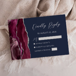 Agate Burgundy Silver Navy Blue Wedding RSVP Card Karte