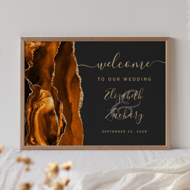 Agate Burnt Orange Gold Dark Wedding Willkommen Poster (Von Creator hochgeladen)