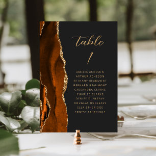Agate Burnt Orange Gold Moderne Script Dunkle Hoch Tischnummer