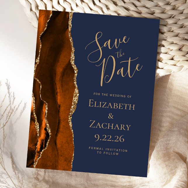 Agate Burnt Orange Gold Navy Blue Save the Date Ankündigungspostkarte (Von Creator hochgeladen)