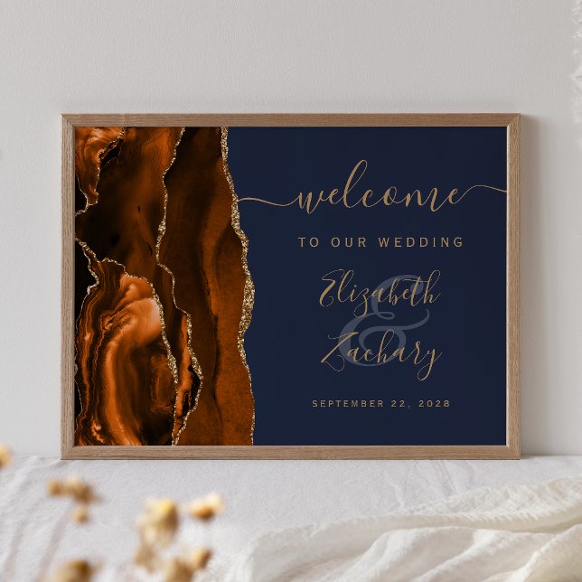 Agate Burnt Orange Gold Navy Blue Wedding Willkomm Poster (Von Creator hochgeladen)
