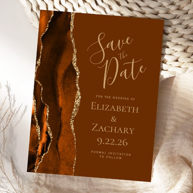 Agate Burnt Orange Gold Nutmeg Brown Save the Date Ankündigungspostkarte (Von Creator hochgeladen)