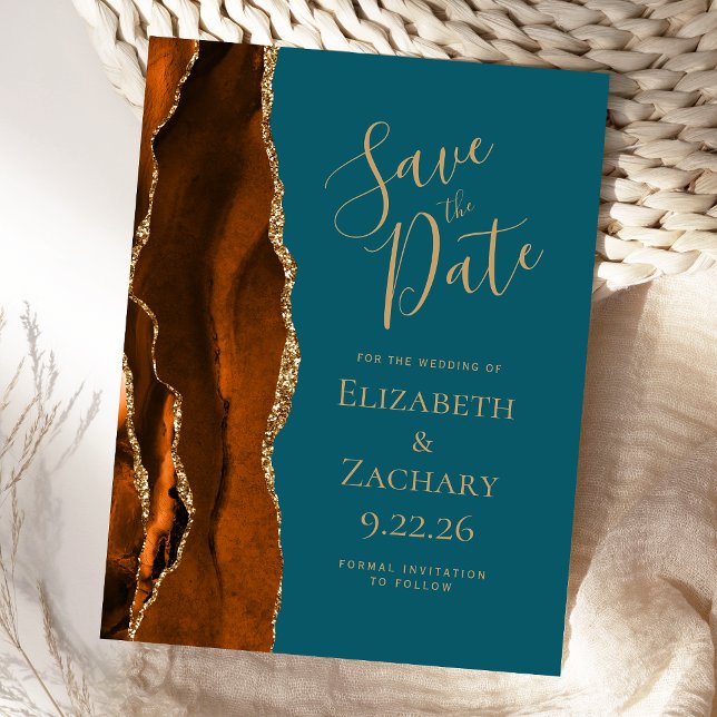 Agate Burnt Orange Gold Save the Date Aquamarin Ankündigungspostkarte (Von Creator hochgeladen)