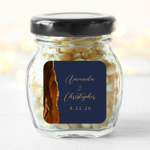 Agate Burnt Orange Gold Schrift Navy Blau Hochzeit Quadratischer Aufkleber