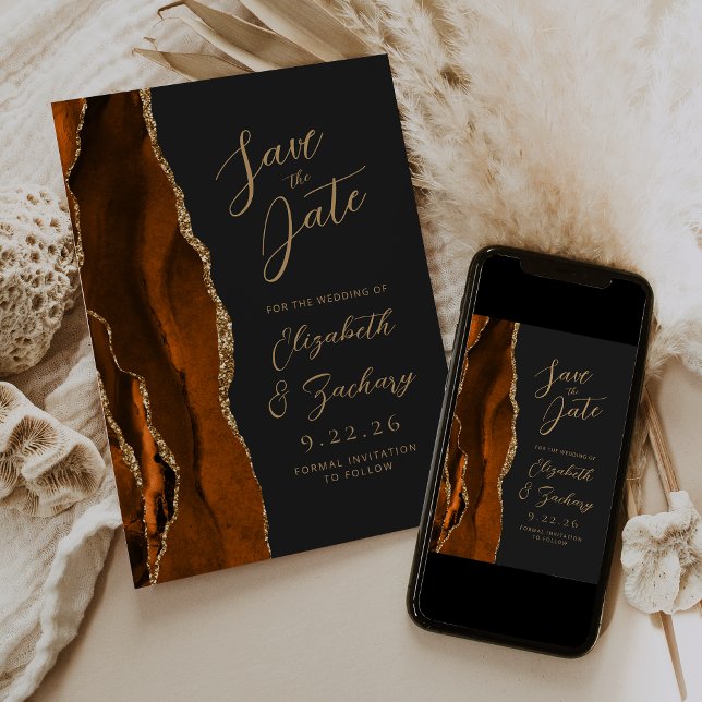 Agate Burnt Orange Gold Script Dark Wedding Gerett Save The Date (Von Creator hochgeladen)