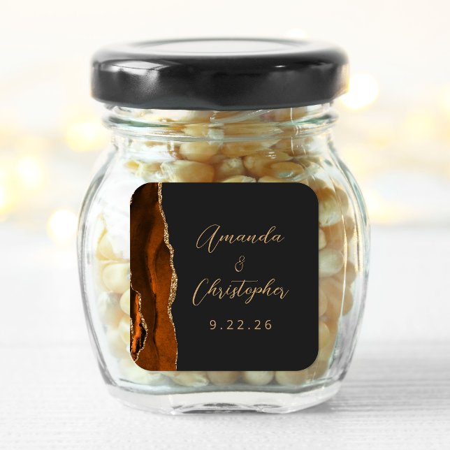 Agate Burnt Orange Gold Script Dark Wedding Quadratischer Aufkleber (Von Creator hochgeladen)