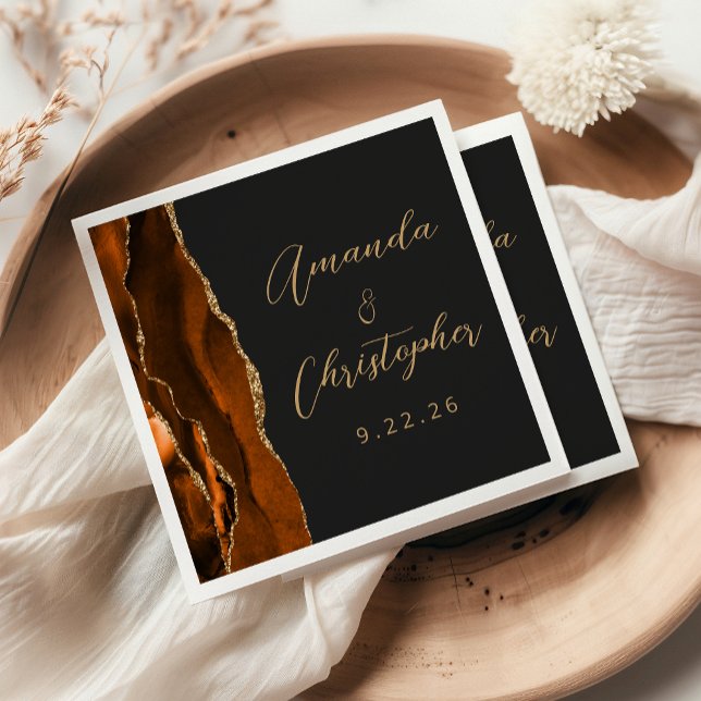 Agate Burnt Orange Gold Script Dark Wedding Serviette (Von Creator hochgeladen)