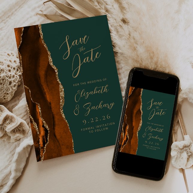 Agate Burnt Orange Gold Script Green Wedding Rett Save The Date (Von Creator hochgeladen)