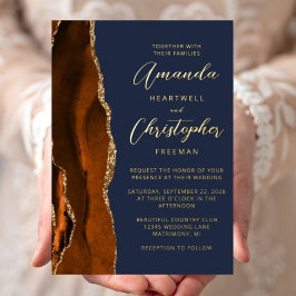 Agate Burnt Orange Gold Script Navy Blue Wedding Folieneinladung