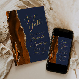 Agate Burnt Orange Gold Script Navy Hochzeit Geret Save The Date