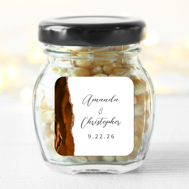 Agate Burnt Orange Gold Script Wedding Quadratischer Aufkleber (Von Creator hochgeladen)