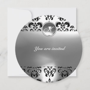 AGATE DAMASK GEM STONE MONOGRAM Schwarz-weiß Einladung