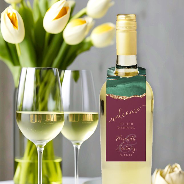 Agate Emerald Green Gold Burgundy Wedding Willkomm Flaschenanhänger (Von Creator hochgeladen)