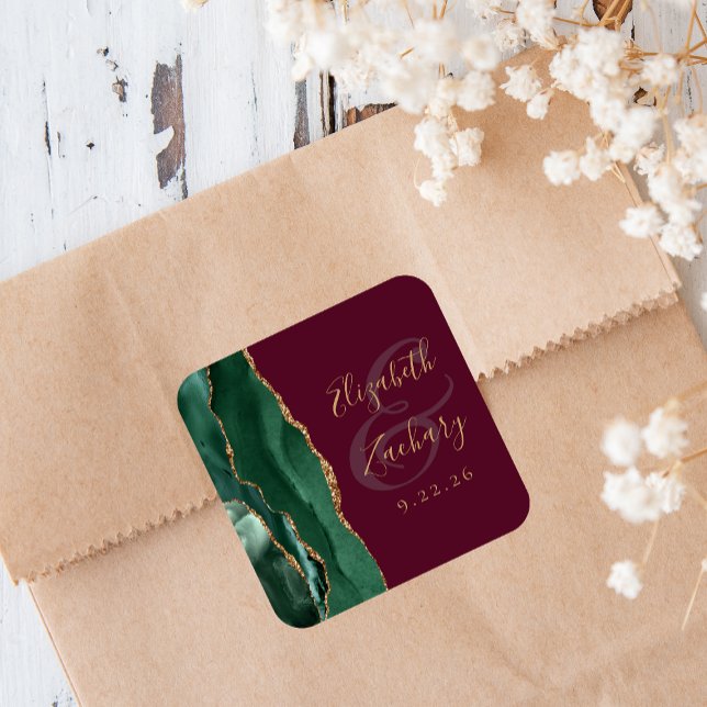 Agate Emerald Green Gold Script Burgundy Wedding Quadratischer Aufkleber (Von Creator hochgeladen)