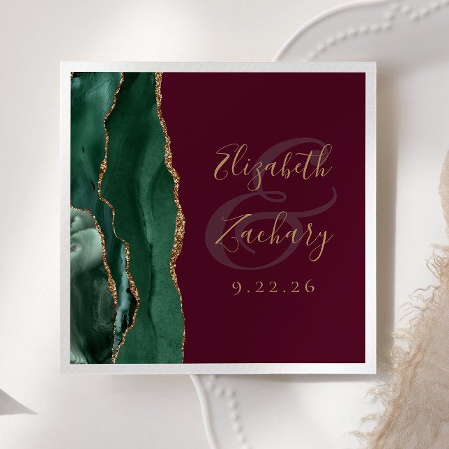 Agate Emerald Green Gold Script Burgundy Wedding Serviette (Von Creator hochgeladen)