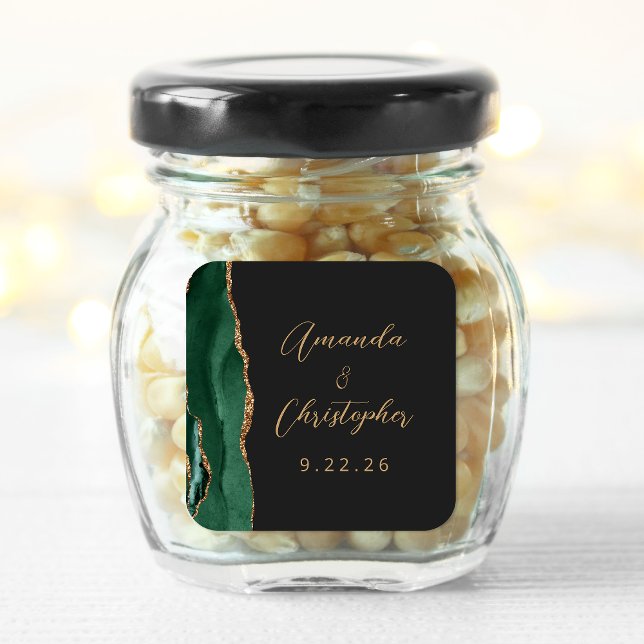 Agate Emerald Green Gold Script Dark Wedding Quadratischer Aufkleber (Von Creator hochgeladen)