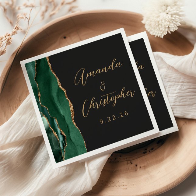 Agate Emerald Green Gold Script Dark Wedding Serviette (Von Creator hochgeladen)