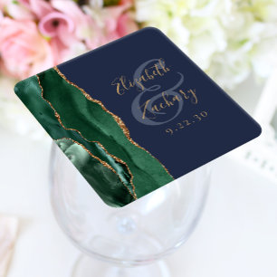 Agate Emerald Green Gold Script Navy Blue Wedding Rechteckiger Pappuntersetzer