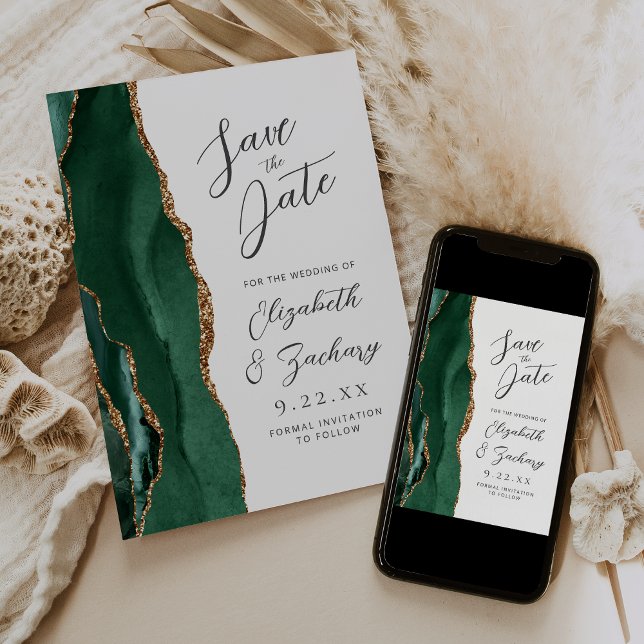 Agate Emerald Green Gold Script Wedding Save The Date (Von Creator hochgeladen)