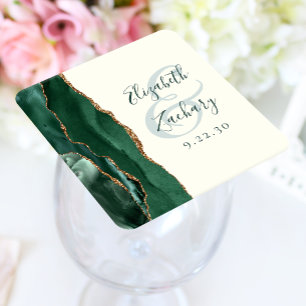 Agate Emerald Green Ivory Gold Script Wedding Rechteckiger Pappuntersetzer