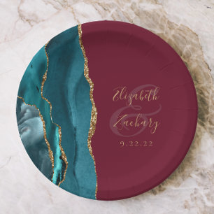 Agate Geode Aquamarin Gold Burgundy Wedding Pappteller