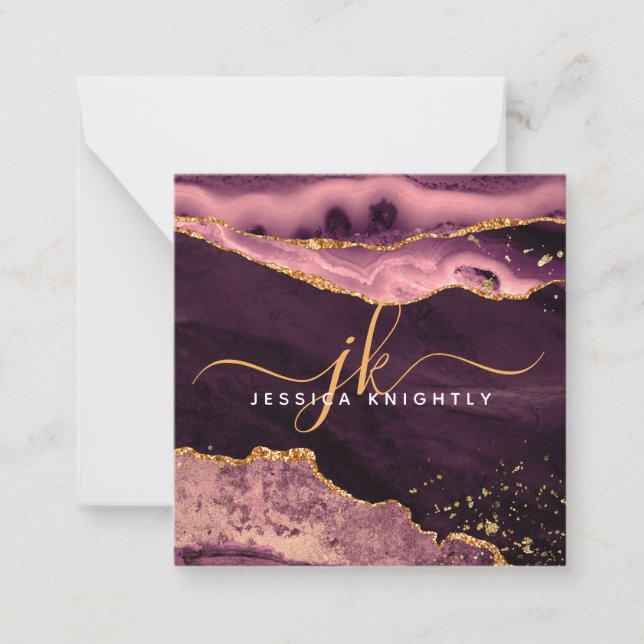 Agate Geode Burgundy Gold Glitzer Script Monogram Mitteilungskarte (Vorderseite)