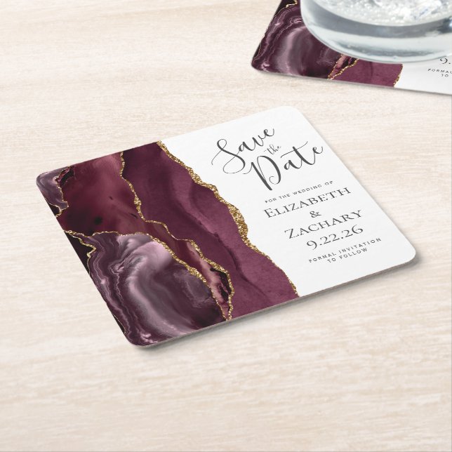 Agate Geode Burgundy Gold Save the Date Rechteckiger Pappuntersetzer (angewinkelt)