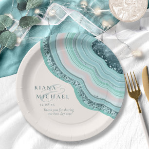 Agate Geode Glitter Wedding Teal ID647 Pappteller