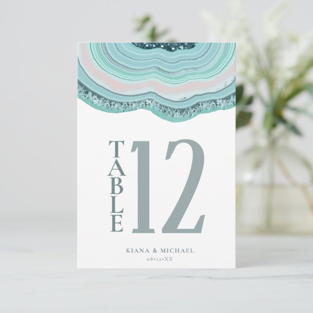 Agate Geode Glitzer Tischnummer Aquamarin ID647 (Stehend Vorderseite)