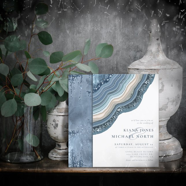 Agate Geode Glitzer Wedding Dusty Blue ID647 Einladung (Von Creator hochgeladen)