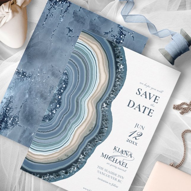Agate Geode Glitzer Wedding Dusty Blue ID647 Save The Date (Von Creator hochgeladen)