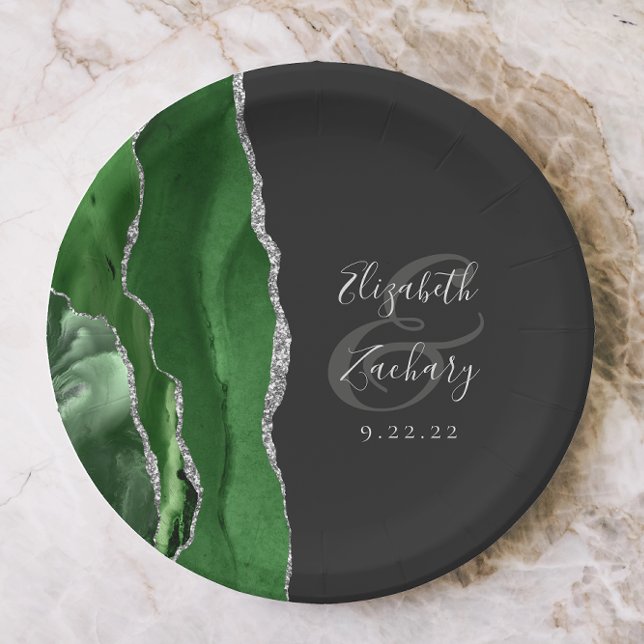 Agate Geode Hunter Green Silver Dark Wedding Pappteller (Von Creator hochgeladen)