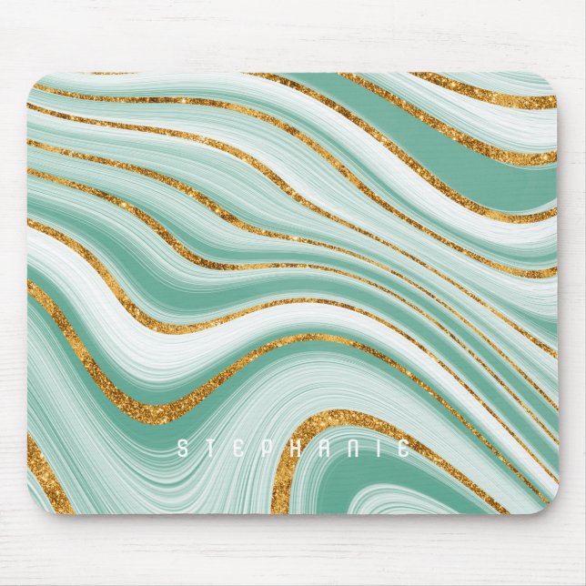 Agate Geode Minze Green Gold Imitats Glitzer Monog Mousepad (Vorne)