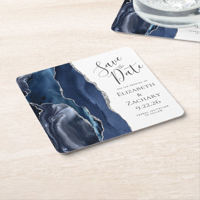 Agate Geode Navy Blue Silver Save the Date Rechteckiger Pappuntersetzer (angewinkelt)