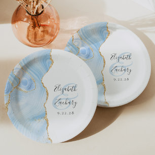 Agate Geode Schrift Baby Blau Gold Hochzeit Pappteller