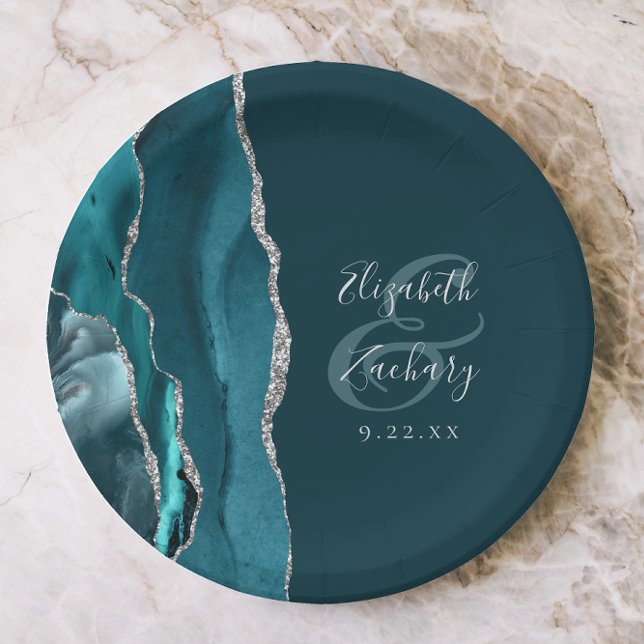 Agate Geode Schrift Dunkles Teal Silber Hochzeit Pappteller (Von Creator hochgeladen)