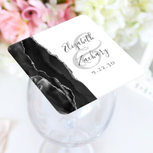 Agate Geode Schrift Schwarz Silber Hochzeit Rechteckiger Pappuntersetzer