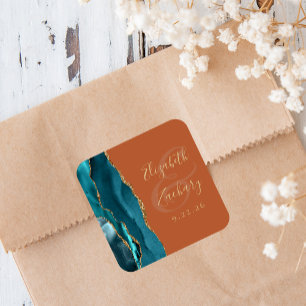 Agate-Geode-Schrift Teal-Gold-Braunorange-Hochzeit Quadratischer Aufkleber