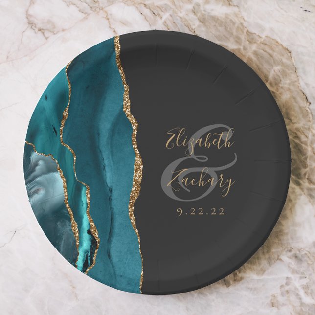 Agate Geode Script Aquamarin Gold Dark Wedding Pappteller (Von Creator hochgeladen)