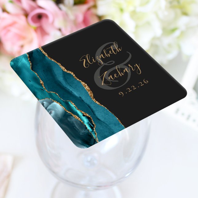Agate Geode Script Aquamarin Gold Dark Wedding Rechteckiger Pappuntersetzer (Von Creator hochgeladen)