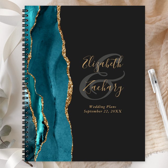 Agate Geode Script Aquamarin Gold Dunkle Hochzeits Planer (Von Creator hochgeladen)